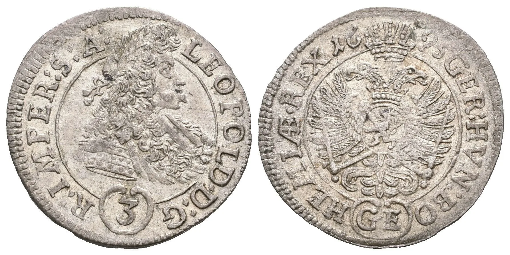 3 Krejcar 1695 GE, Praha-Egerer, zkrácený opis LEOPOLD D G ..., Hal.1426 var., — 1