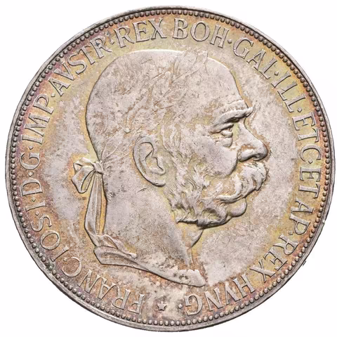 5 Koruna 1900, krásná zachovalost, duhová patina, lesk, drobné rysky a hranky