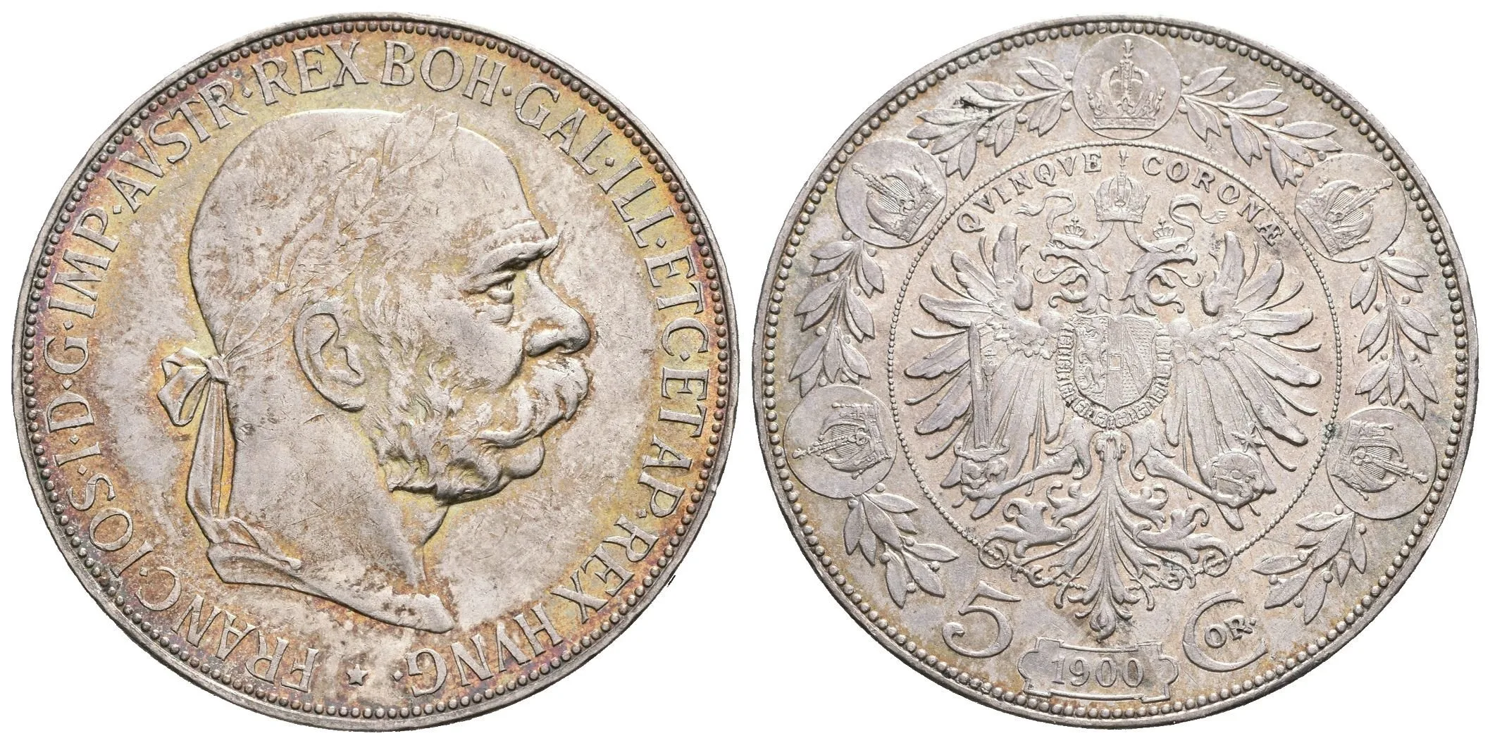 5 Koruna 1900, krásná zachovalost, duhová patina, lesk, drobné rysky a hranky — 1