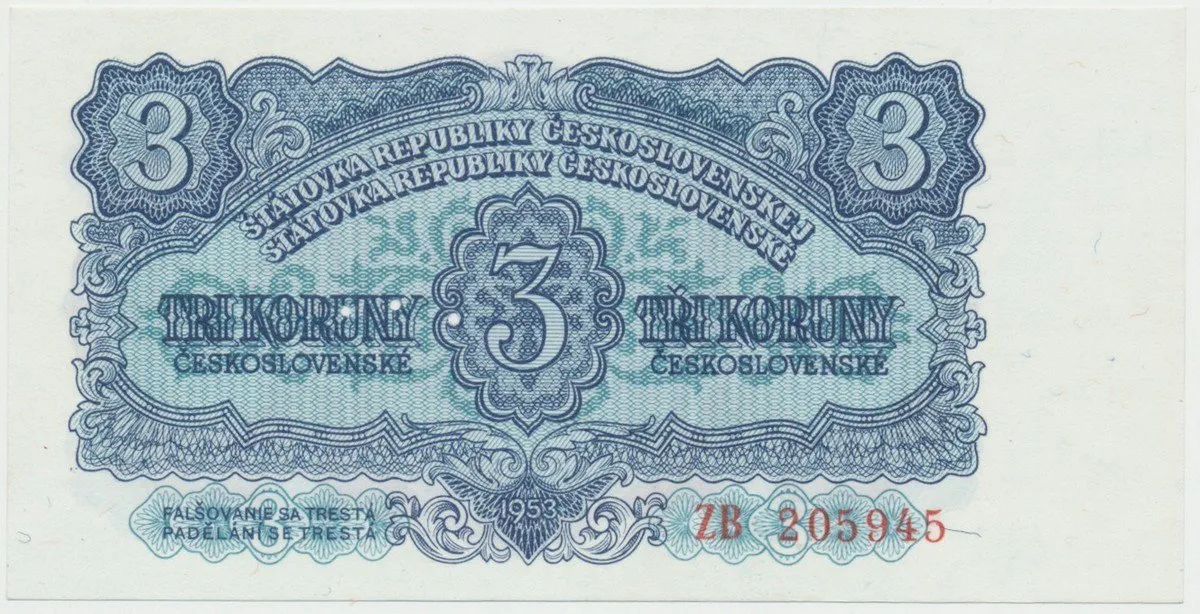 Československo, 3 Koruna 1953, tisk Moskva, náhradní série ZB, Hej.90a2.S1, perforace 3 m.d.