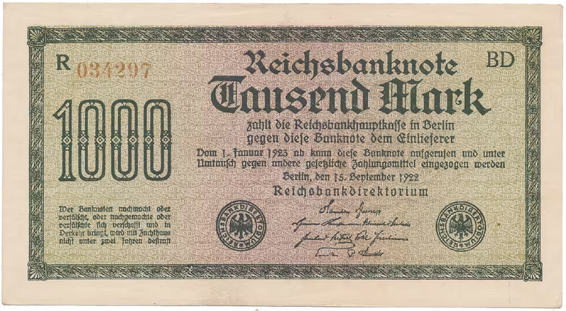 Německo, 1000 Mark 1922, vod. Mäander, hnědé 6-místné číslo, Ro.75i