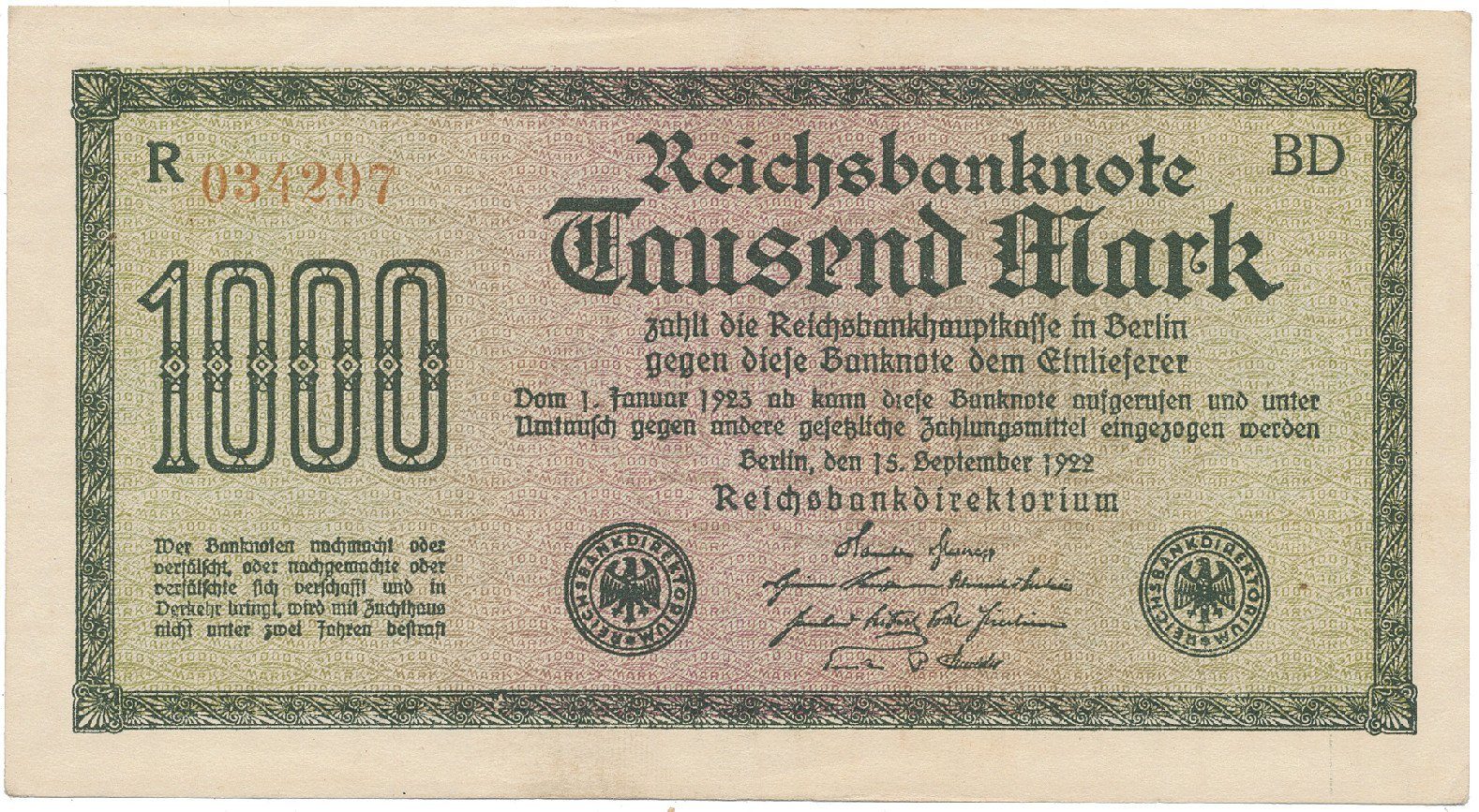 Německo, 1000 Mark 1922, vod. Mäander, hnědé 6-místné číslo, Ro.75i