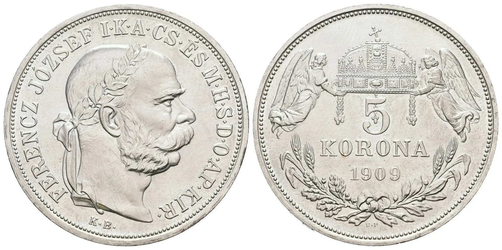 5 Koruna 1909 KB, novoražba značená U . P ražená firmou ARTEX v Budapešti v nákladu — 1