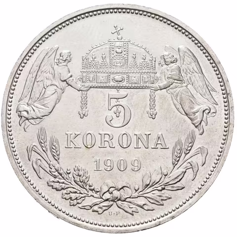 5 Koruna 1909 KB, novoražba značená U . P ražená firmou ARTEX v Budapešti v nákladu