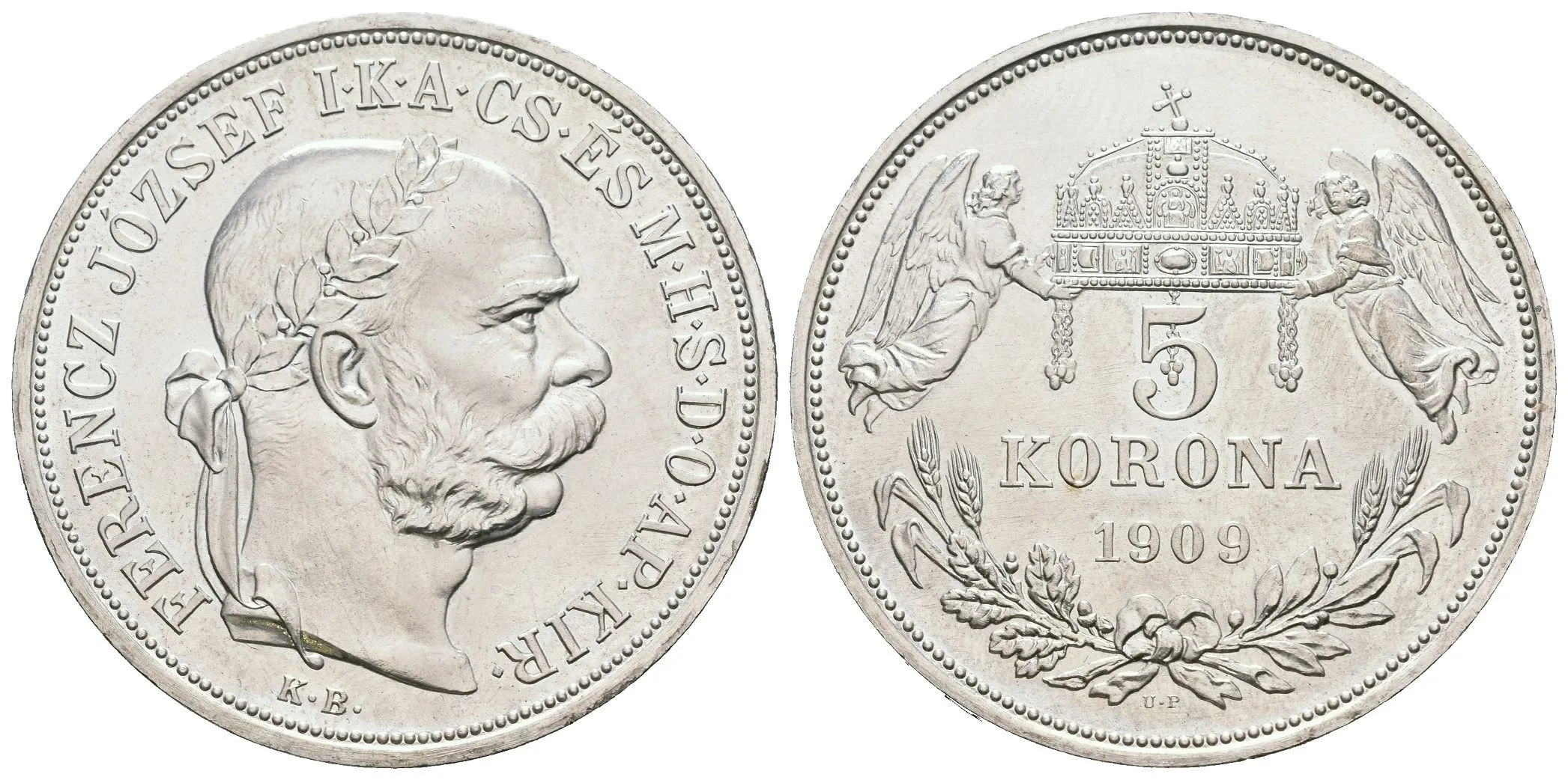 5 Koruna 1909 KB, novoražba značená U . P ražená firmou ARTEX v Budapešti v nákladu — 1