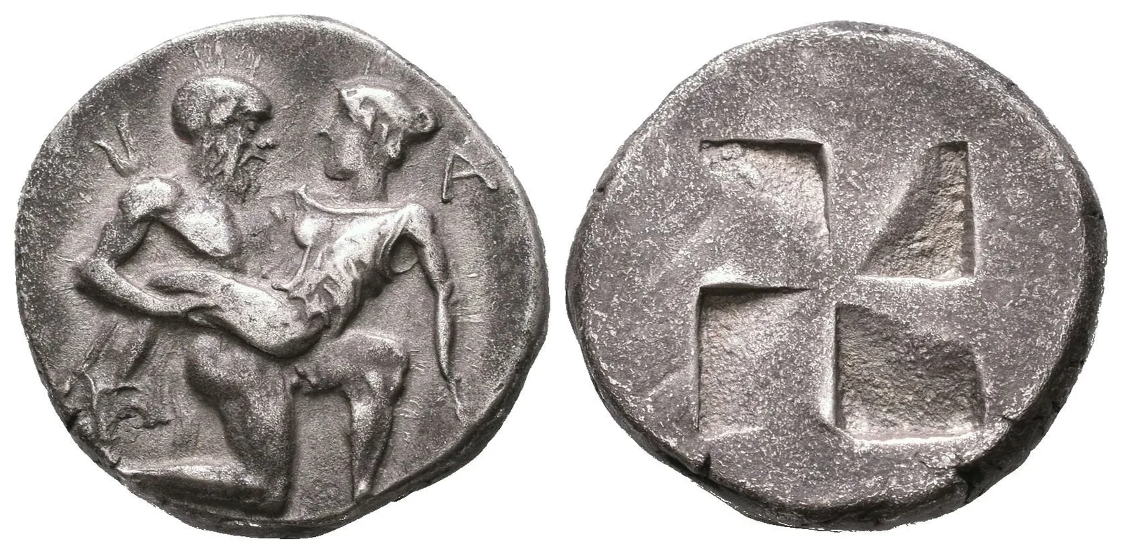 Statér, asi 550 - 463 př. Kr., Vousatý Satyr unáší Nymfu, v poli písmeno A / Quadratum incusum, — 1