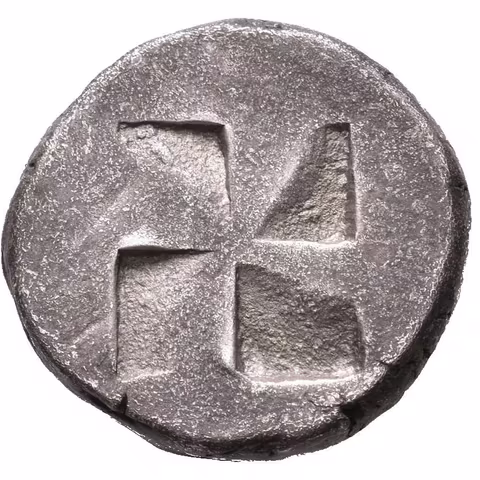 Statér, asi 550 - 463 př. Kr., Vousatý Satyr unáší Nymfu, v poli písmeno A / Quadratum incusum,