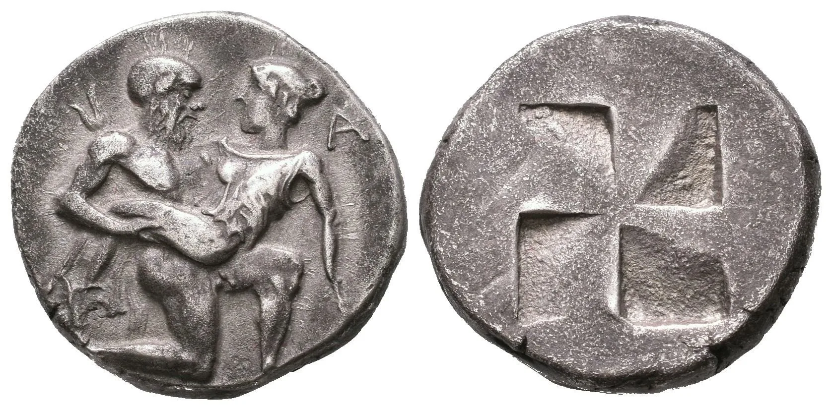 Statér, asi 550 - 463 př. Kr., Vousatý Satyr unáší Nymfu, v poli písmeno A / Quadratum incusum, — 1