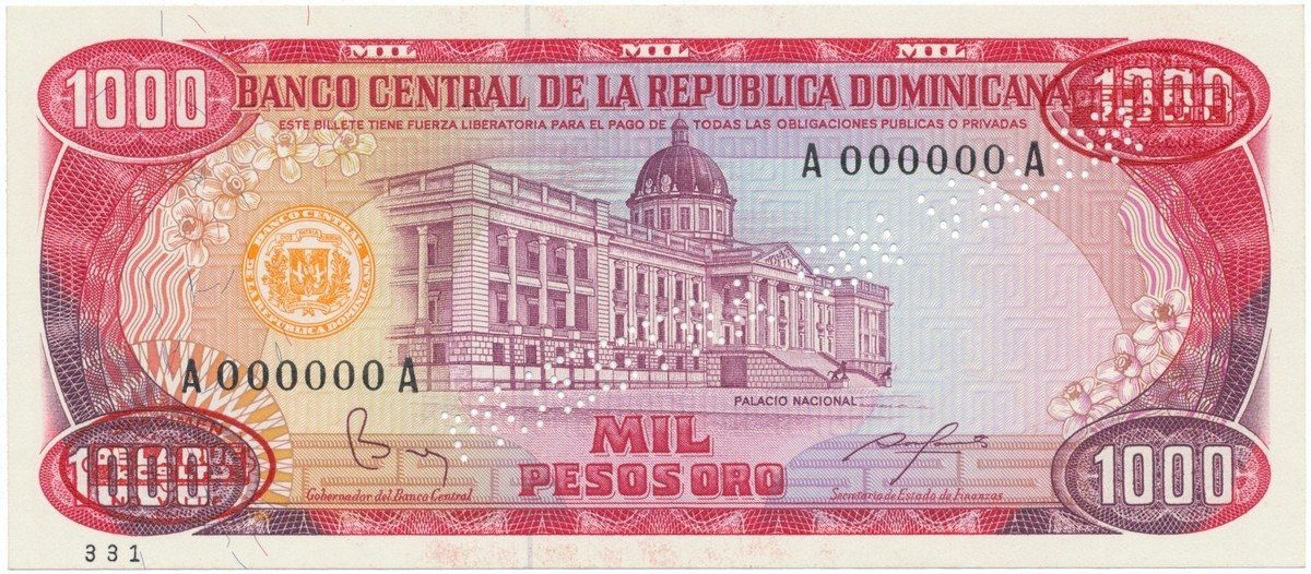 Dominikánská republika, 1000 Pesos Oro 1984, anulát - MUESTRA, P.124s2