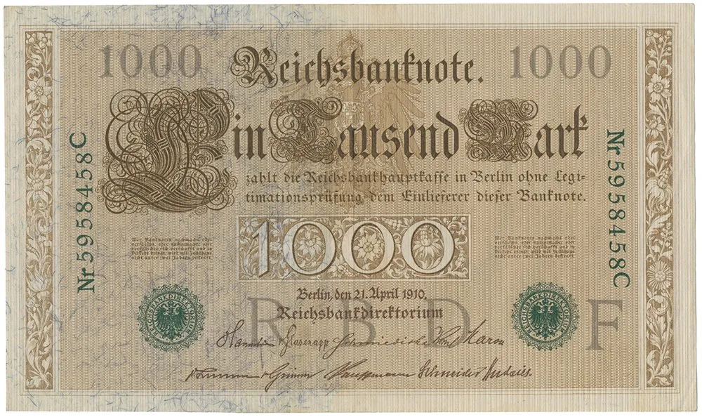 Německo, 1000 Mark 1910, zelený 7-místný číslovač, Ro.46b