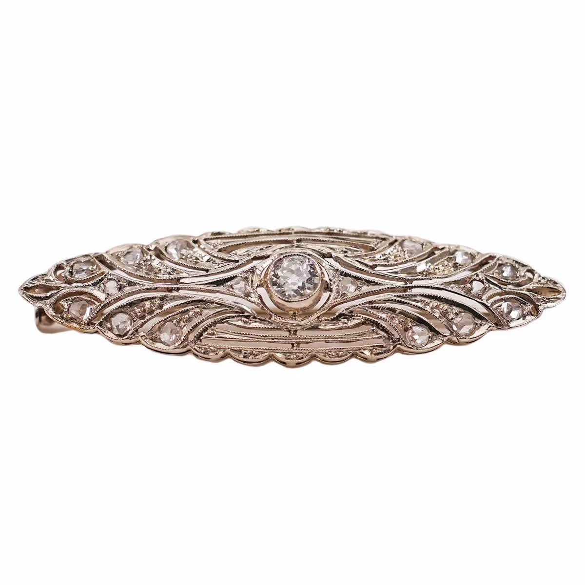 Zlatá brož Art Deco s briliantem a diamantovými routy