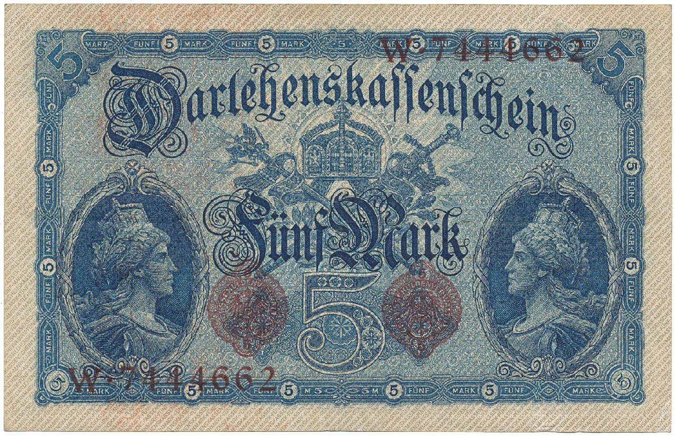 Německo, 5 Mark 1914, 7-místný číslovač, Ros.48b