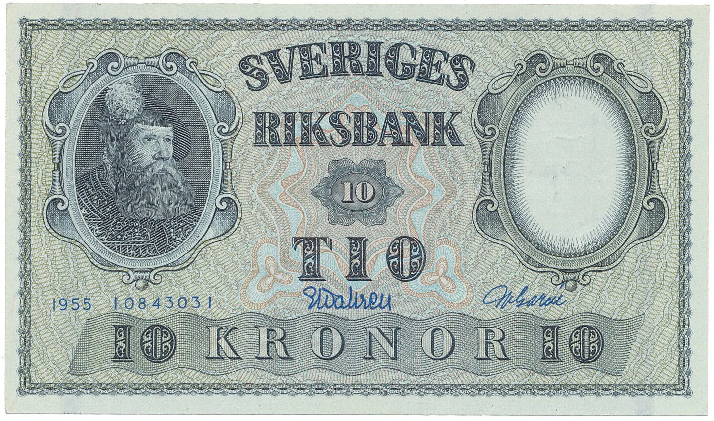 Švédsko, 10 Kronor 1955, modrý číslovač, P.43c
