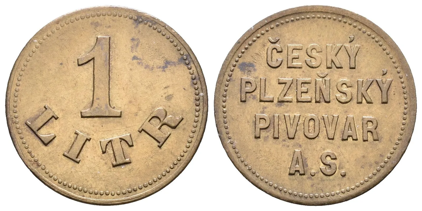 Plzeň - Český Plzeňský pivovar a.s., známka na 1 litr piva. Ms 22 mm — 1
