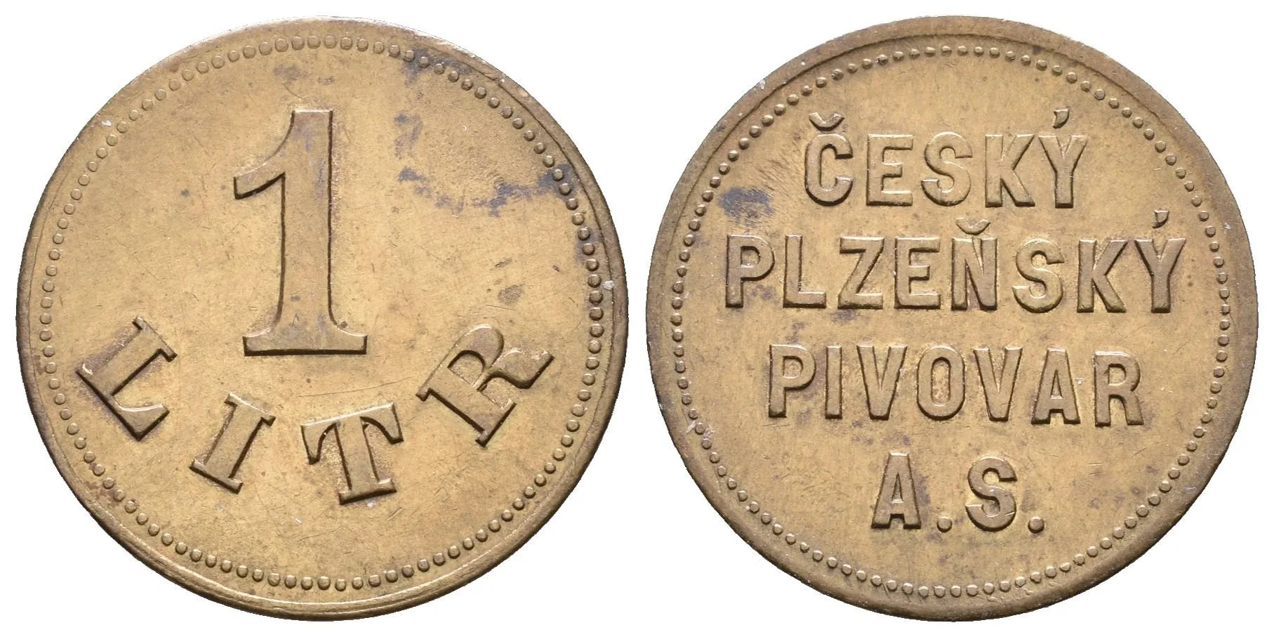 Plzeň - Český Plzeňský pivovar a.s., známka na 1 litr piva. Ms 22 mm — 1