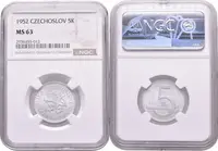 5 Koruna 1952 - nevydaná, etue NGC, hodnocení MS 63, luxusní zachovalost_R! — 2