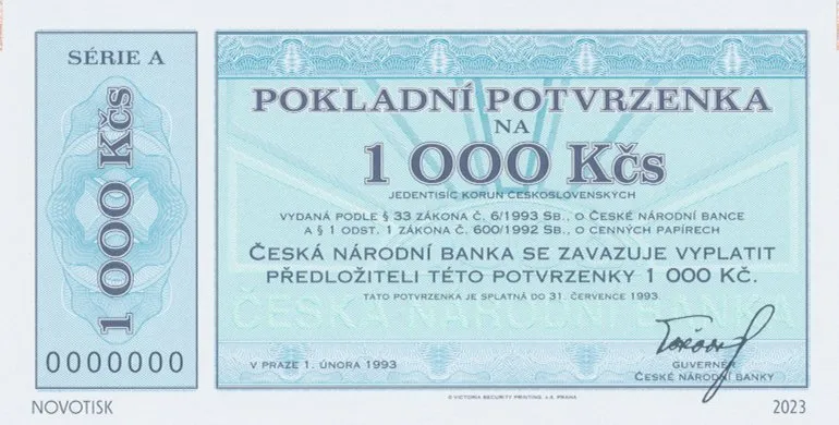 Česká republika, 1000 Kčs 1. 2. 1993, Hej.CZ-, součást kompletu novotisků vytištěných STC Praha, náklad 500 ks