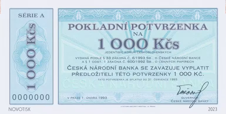 Česká republika, 1000 Kčs 1. 2. 1993, Hej.CZ-, součást kompletu novotisků vytištěných STC Praha, náklad 500 ks