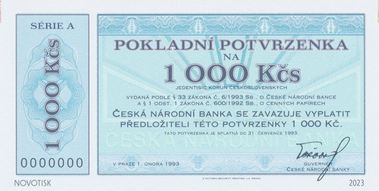 Česká republika, 1000 Kčs 1. 2. 1993, Hej.CZ-, součást kompletu novotisků vytištěných STC Praha, náklad 500 ks