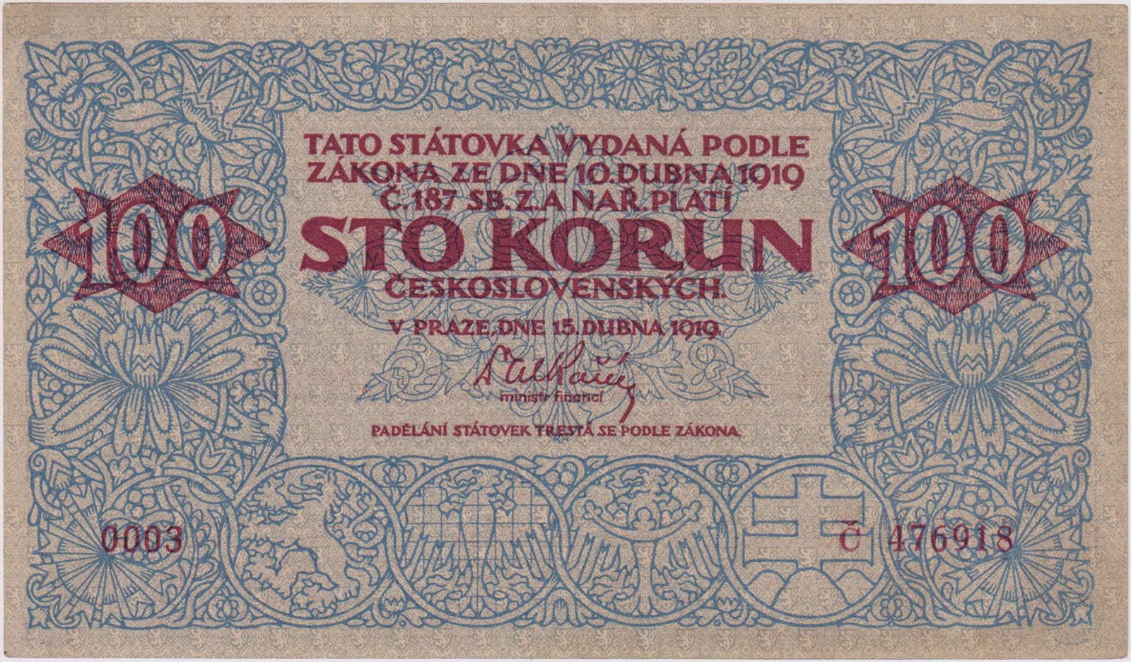 Stav 0 | 100 Koruna 1919, série 0003, zcela mimořádná zachovalost, BKK 12, Václ 12, Hej 12