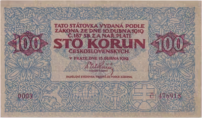 Stav 0 | 100 Koruna 1919, série 0003, zcela mimořádná zachovalost, BKK 12, Václ 12, Hej 12
