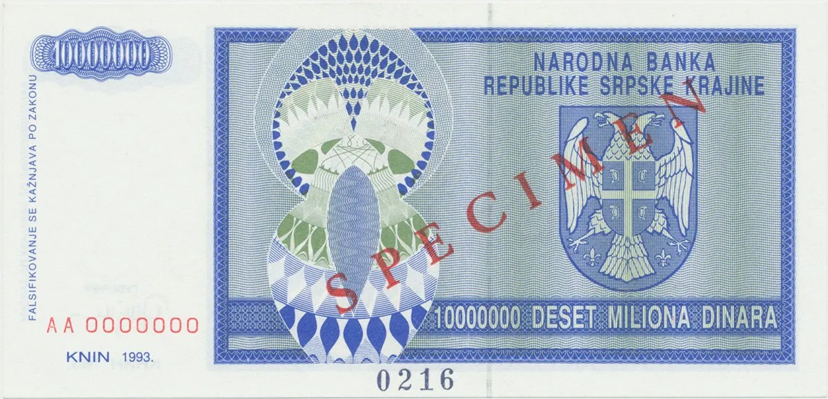 Chorvatsko, 10 Miliona Dinara 1993, anulát - SPECIMEN, P.R11s
