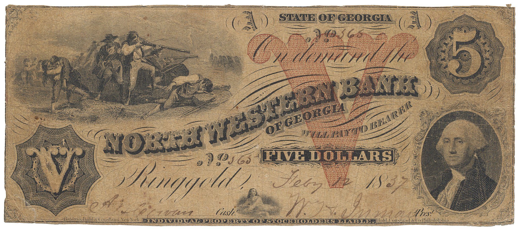 USA, Georgia, North Western Bank of Georgia, 5 Dollars 12. 2. 1857