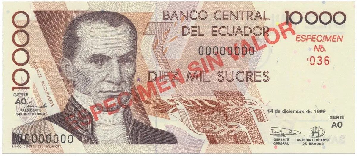 Ekvádor, 10.000 Sucres 1998, anulát - ESPECIMEN, P.127s4