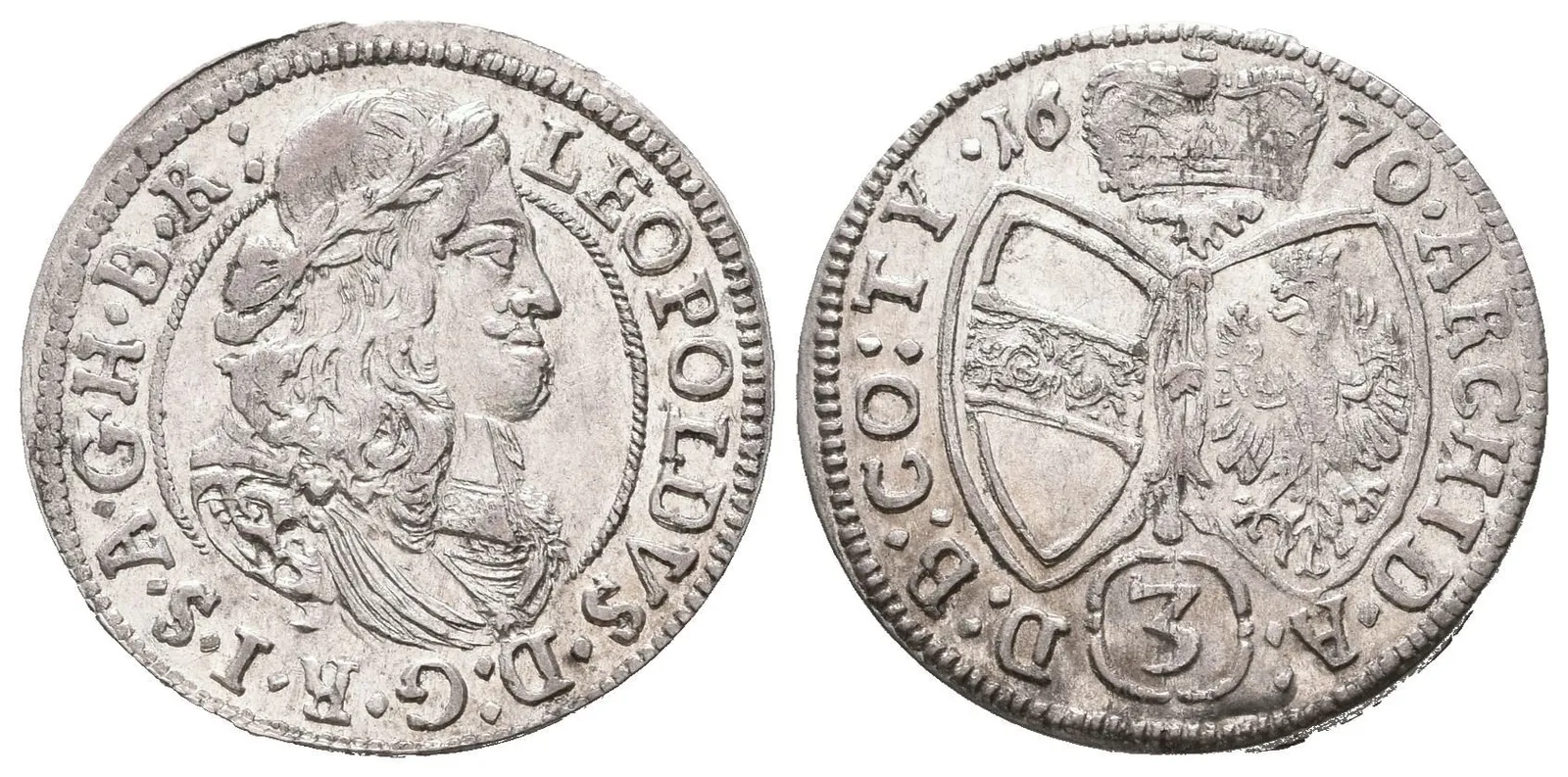 3 Krejcar 1670, Hall, Nech.2433, velmi pěkná zachovalost, patina, zbytky lesku — 1