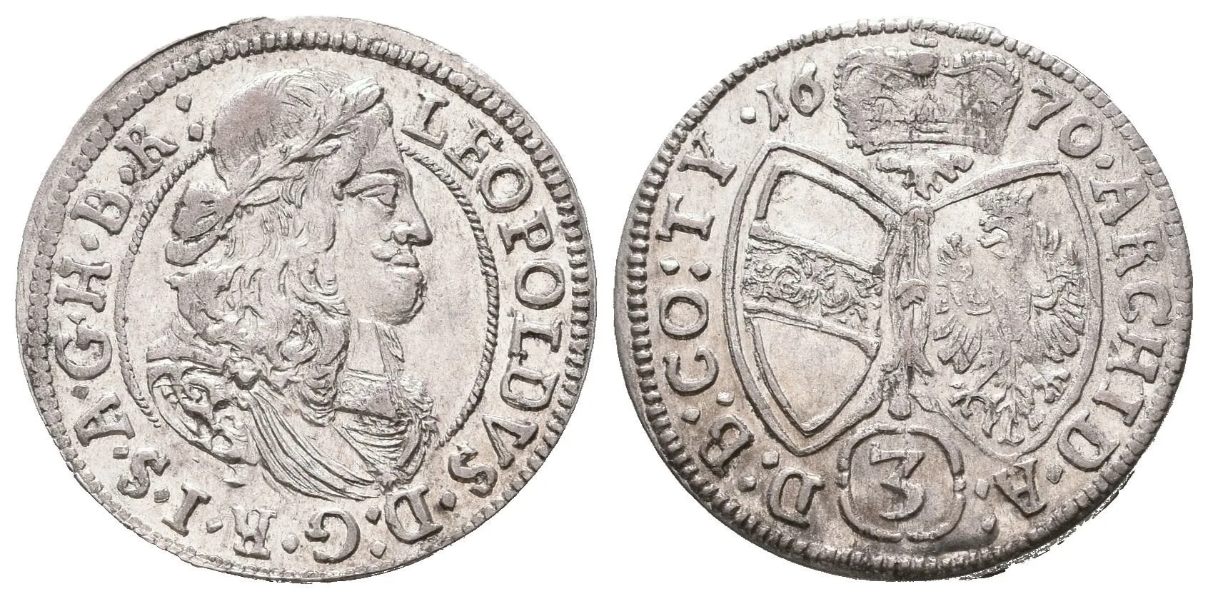3 Krejcar 1670, Hall, Nech.2433, velmi pěkná zachovalost, patina, zbytky lesku — 1