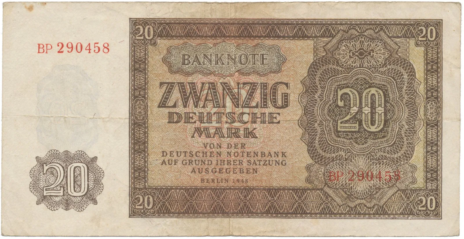 Německo - NDR, 20 DM 1948, tisk SSSR, 6-místný číslovač, Ros.344b
