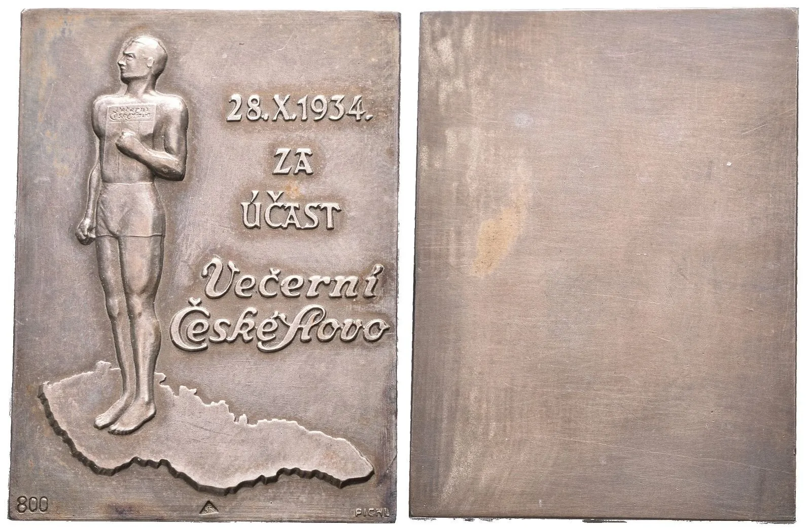 AR Plaketa 1934 - Večerní České slovo - Za účast. Ag 0,800, 40 x 30 mm (21,68 g), — 1
