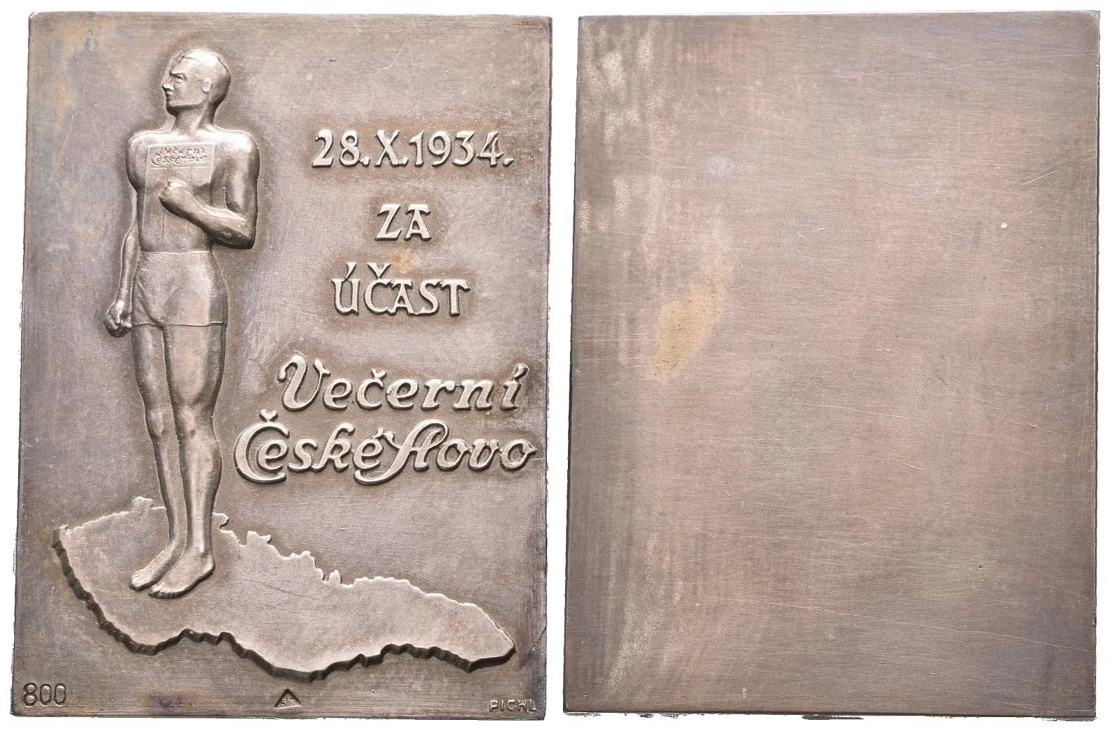 AR Plaketa 1934 - Večerní České slovo - Za účast. Ag 0,800, 40 x 30 mm (21,68 g), — 1