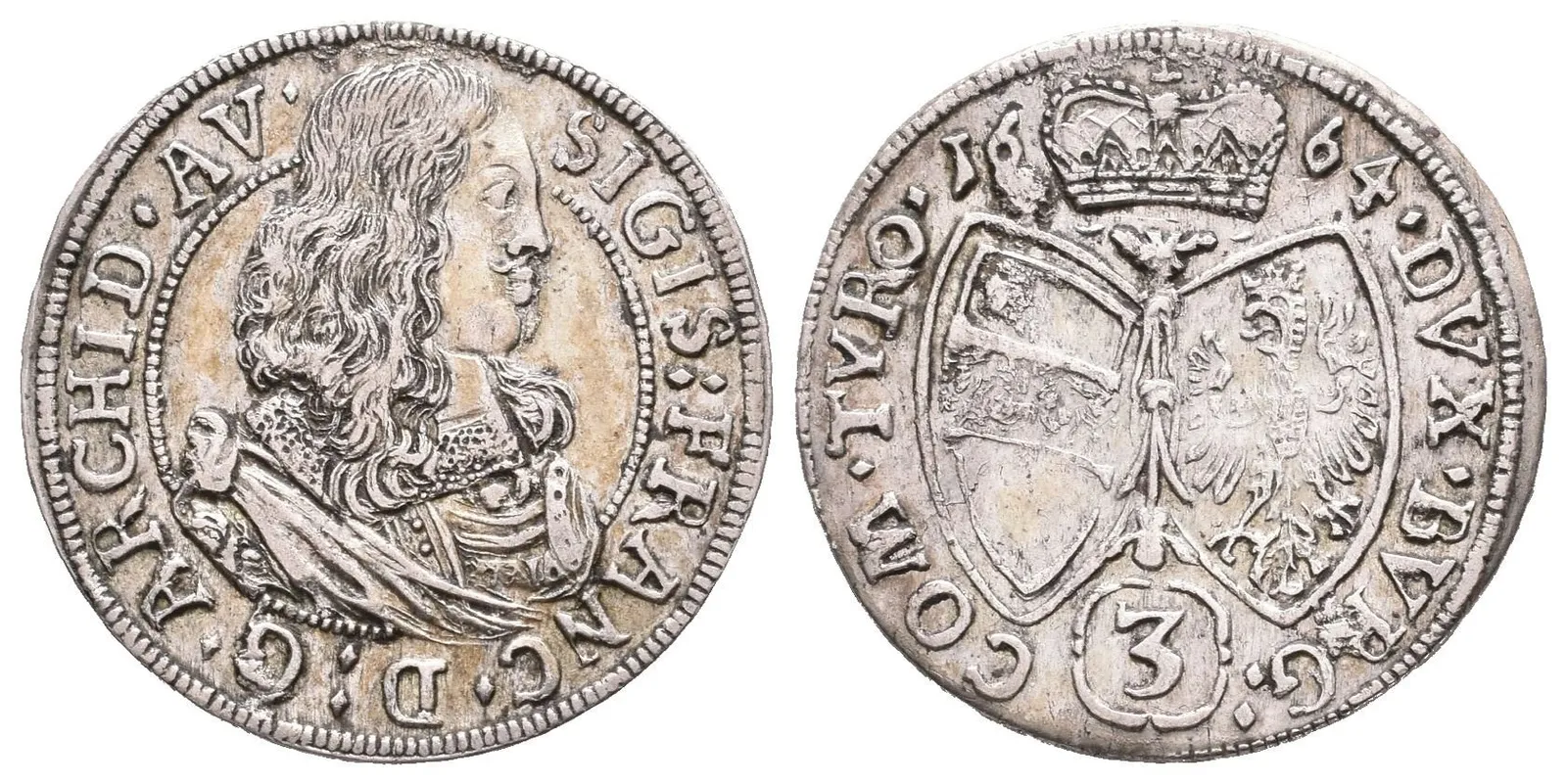 3 Krejcar 1664, Hall, KM.851, pěkná zachovalost, patina — 1