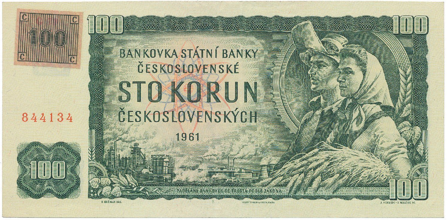 Česká republika, 100 Koruna 1961 + kolek (1993), II. vydání, série G, Hej.CZ4bG