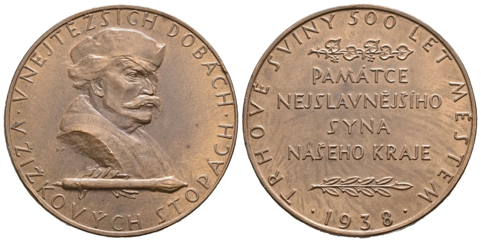 AE Medaile 1938 - Trhové Sviny, 500 let městem. Jan Žižka vpravo, opis / 4-řádkový — 1