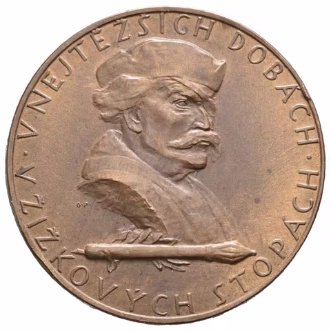 AE Medaile 1938 - Trhové Sviny, 500 let městem. Jan Žižka vpravo, opis / 4-řádkový