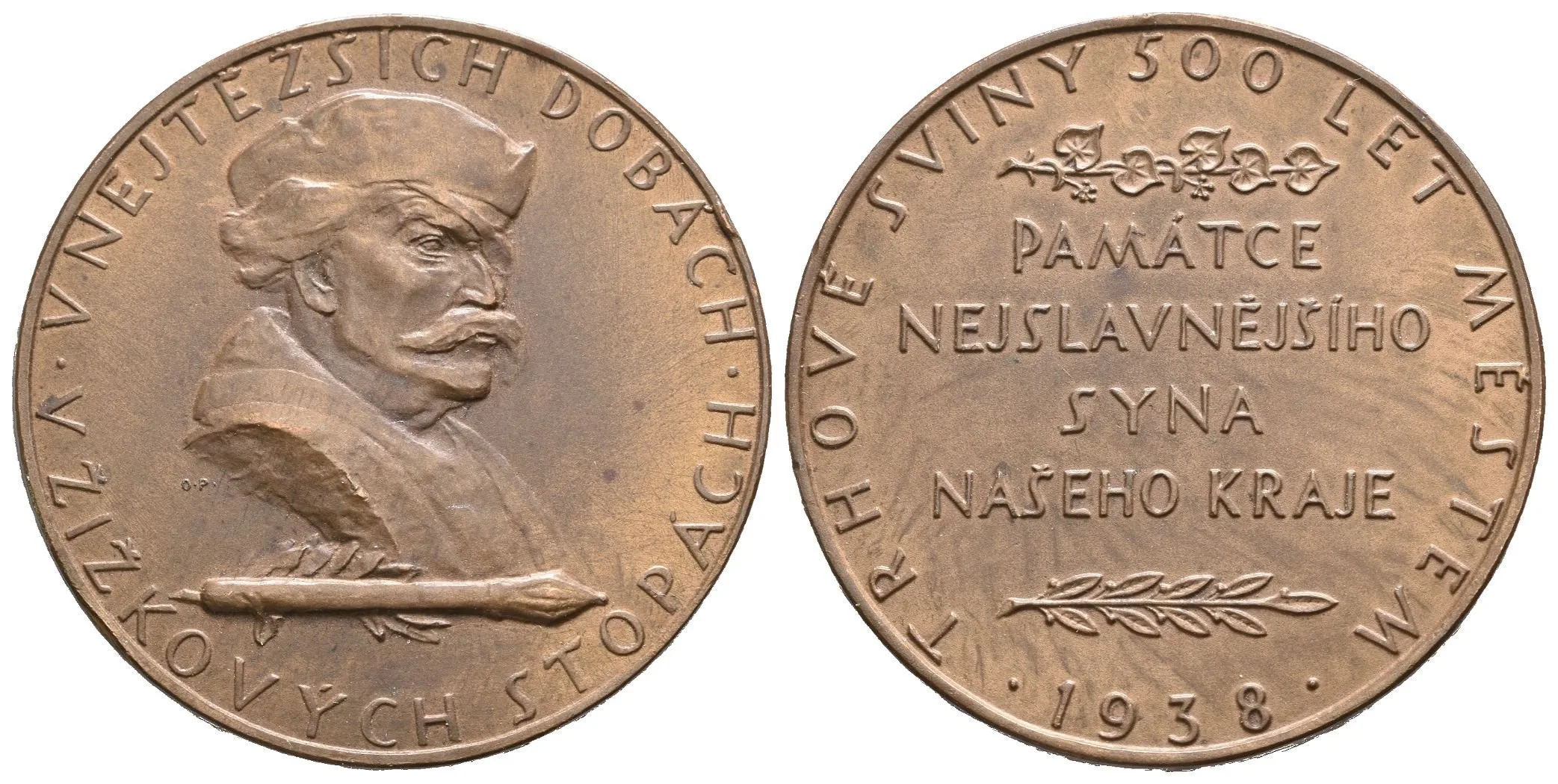 AE Medaile 1938 - Trhové Sviny, 500 let městem. Jan Žižka vpravo, opis / 4-řádkový — 1