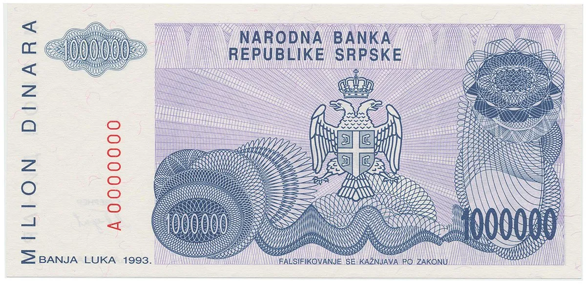 Bosna a Hercegovina, 1 Milion Dinara 1993, anulát, A 0000000, P.152