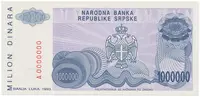 Bosna a Hercegovina, 1 Milion Dinara 1993, anulát, A 0000000, P.152