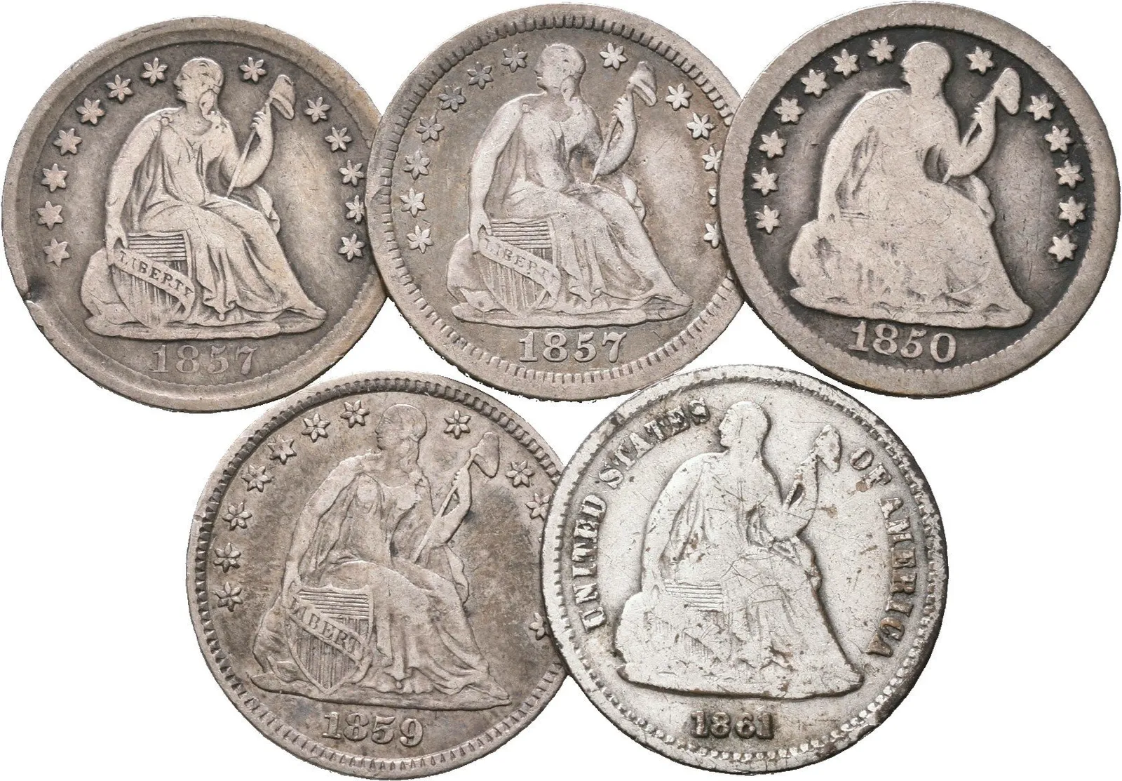 Soubor mincí - Half Dime 1850 O, 1857, 1857 O, 1859, 1861, — 1