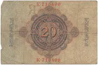 Německo, 20 Mark 1910, 6-místný číslovač, Ro.40a - fotografie 2