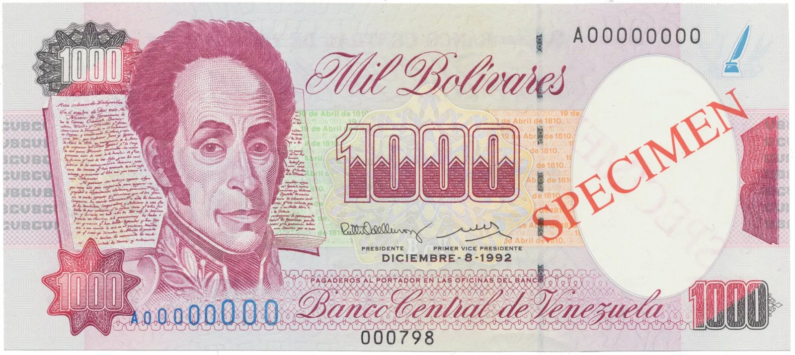 Venezuela, 1000 Bolivares 1992, anulát - SPECIMEN, P.73cs