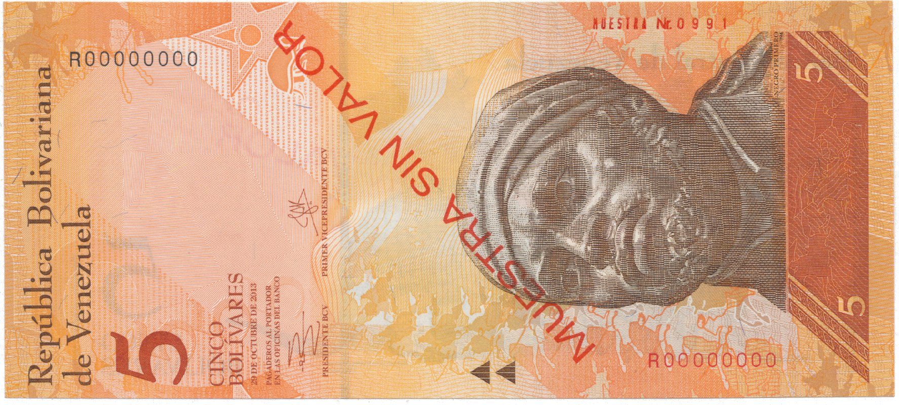 Venezuela, 5 Bolivares 2013, anulát - MUESTRA SIN VALOR, P.89es