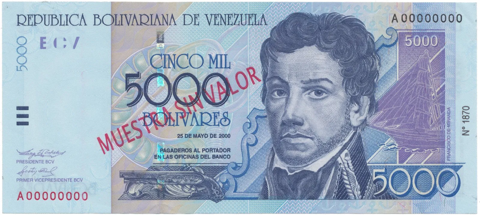 Venezuela, 5000 Bolivares 2000, anulát - MUESTRA SIN VALOR, P.84as