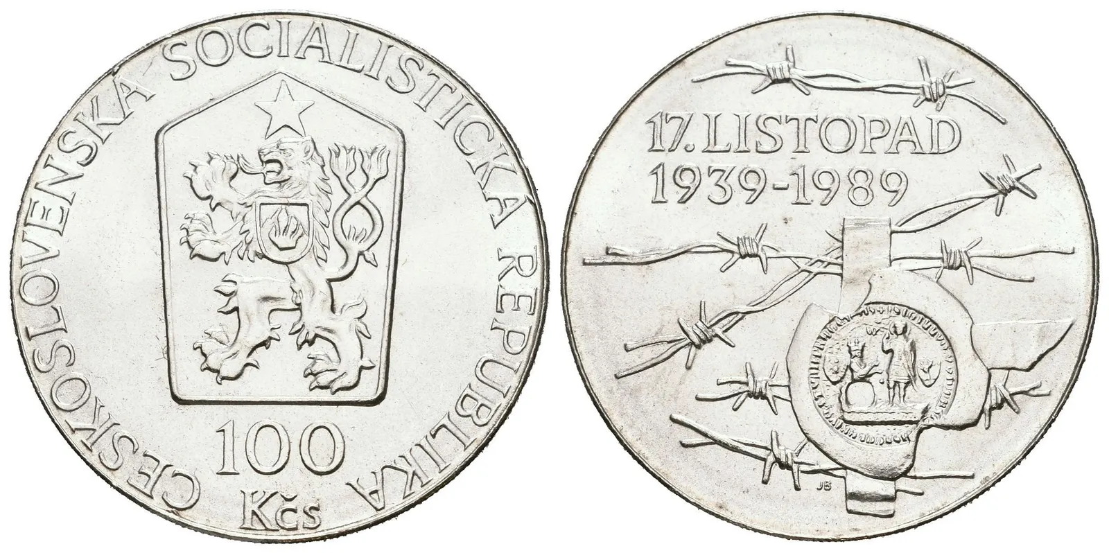 100 Kčs 1989 - 17. listopad 1939, ražební lesk, patina — 1