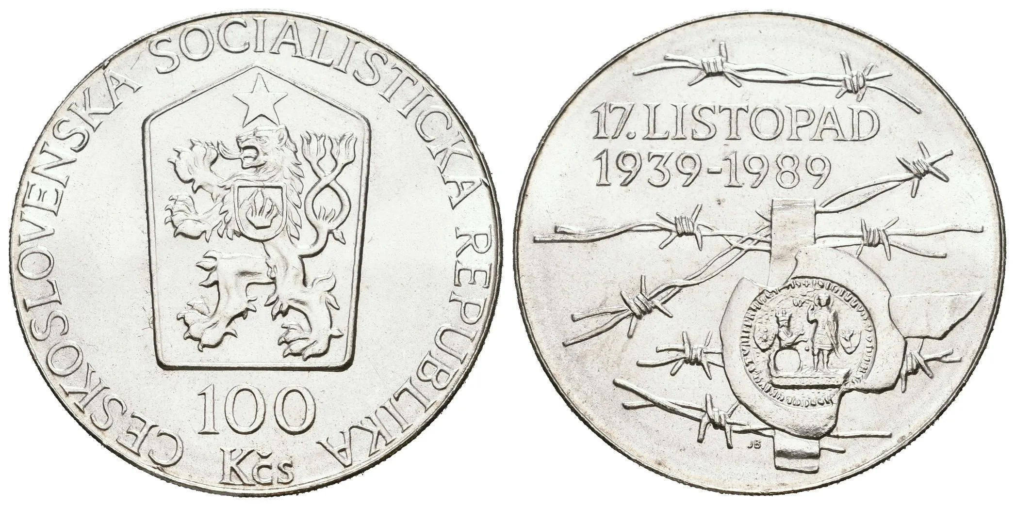 100 Kčs 1989 - 17. listopad 1939, ražební lesk, patina — 1