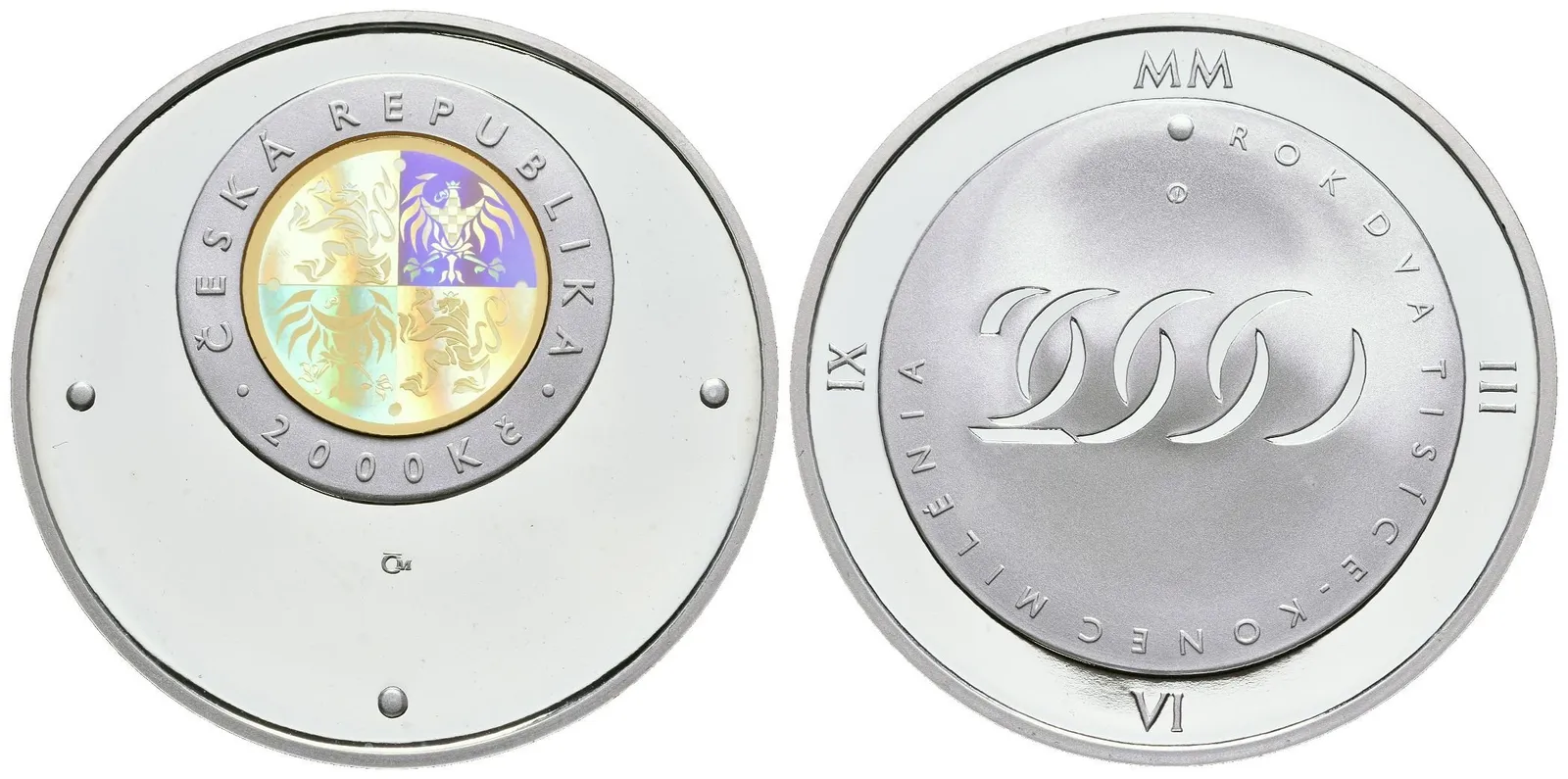 2000 Kč 2000 - Konec milénia, bez etue a certifikátu, drobné oxidační skvrnky — 1