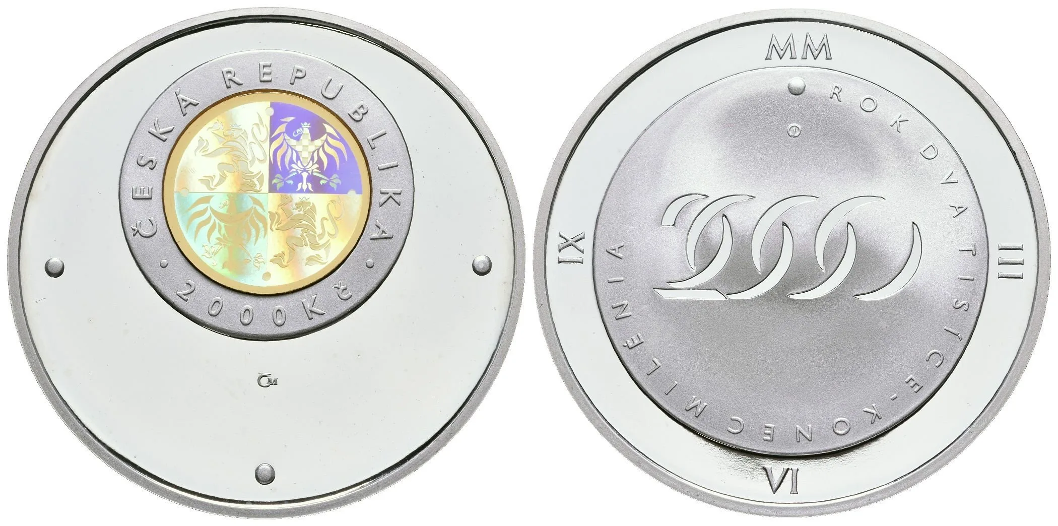 2000 Kč 2000 - Konec milénia, bez etue a certifikátu, drobné oxidační skvrnky — 1