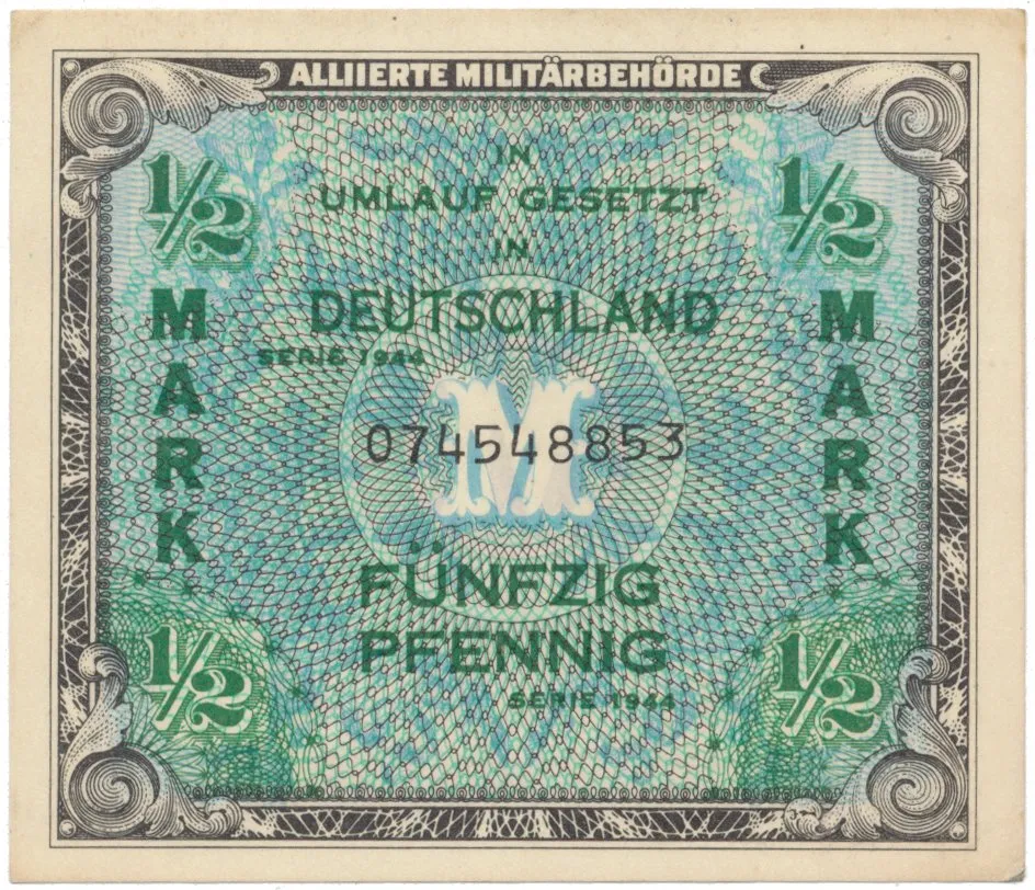 Okupační poukázky Allierte, 1/2 Mark 1944, tisk USA, 9-místný číslovač, Hej.AM1a